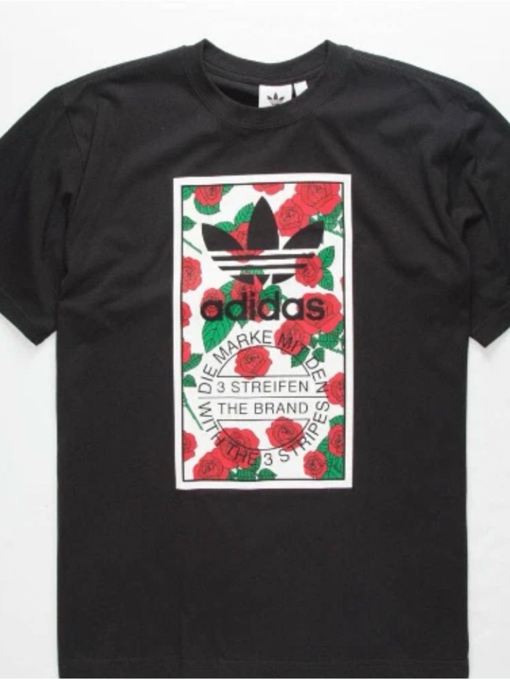 adidas Black Short-Sleeve Tee with Red Rose Graphic